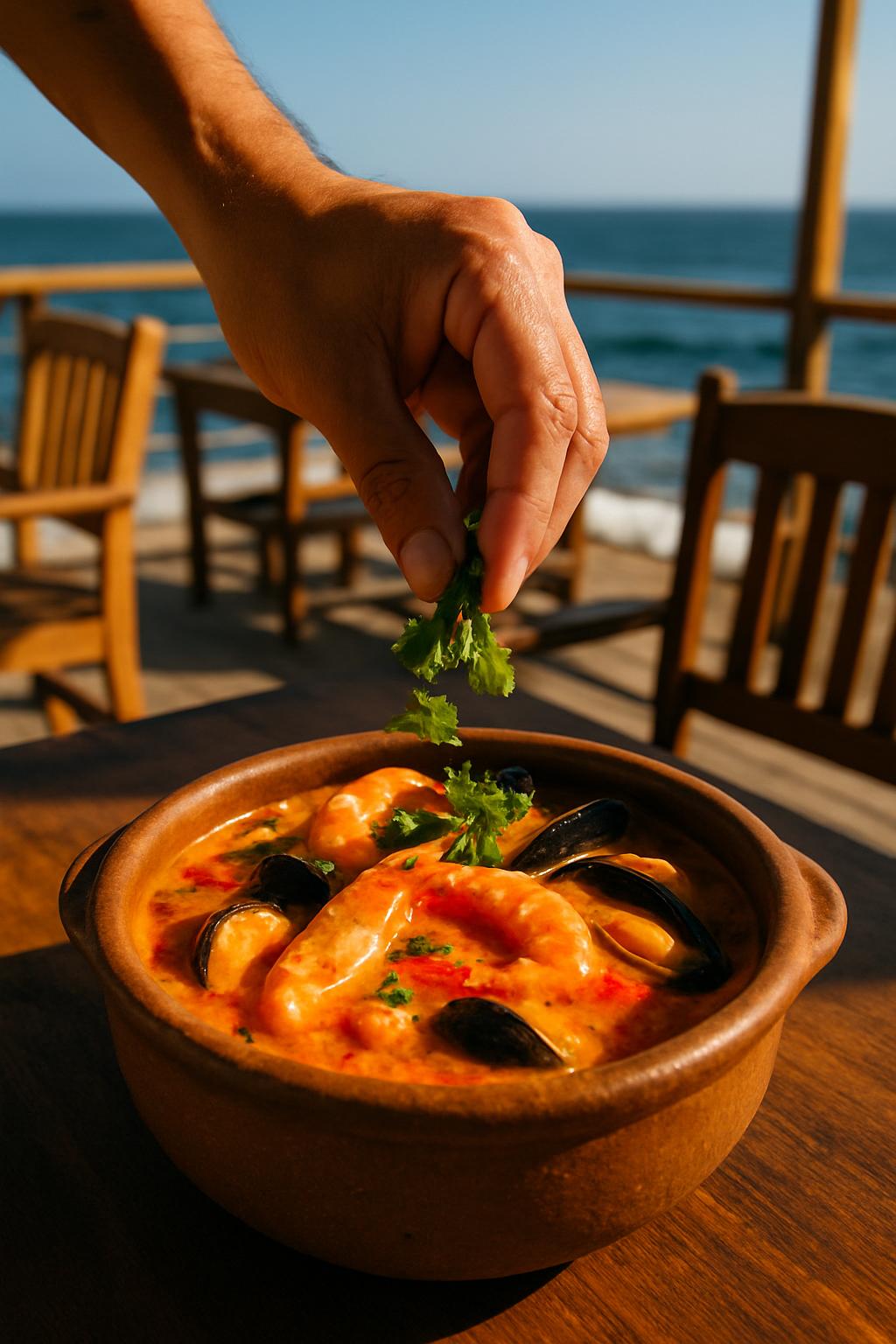 A bowl of seafood stew sits on a table at a beachside cafe. A partial hand reaches for crumbling cilantro into the stew. T...