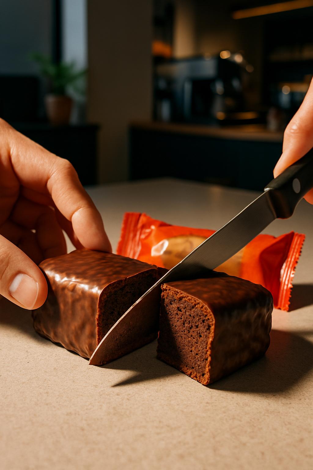 A hand holds a knife and cuts into a chocolate-covered brownie next to an empty orange package.