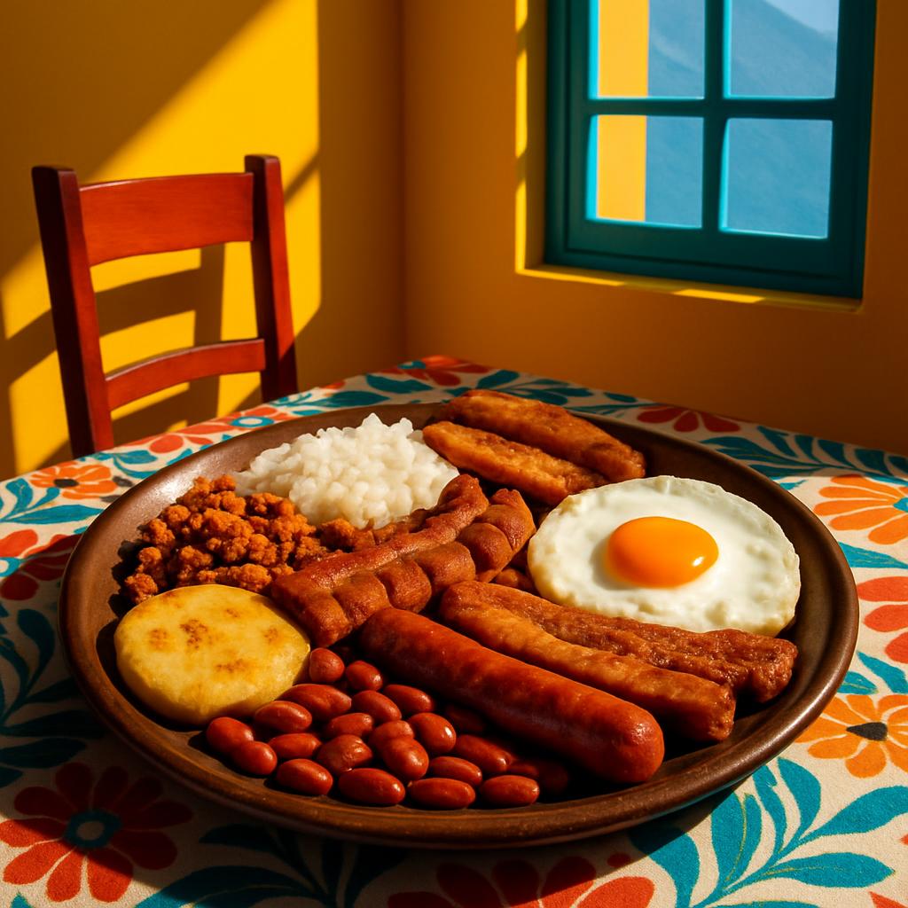 A Colombian adult platter breakfast, comprising chorizo sausage, fried egg, white rice, small sausage, plantains and pork ...