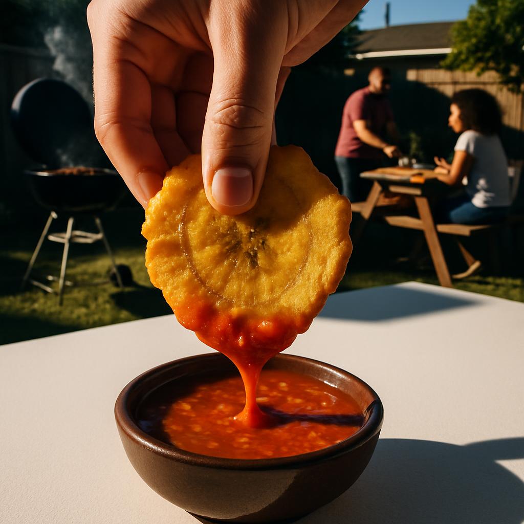 A person's hand is dipping a fried plantain into a bowl of red sauce, with a BBQ grill and two people sitting on a lawn in...