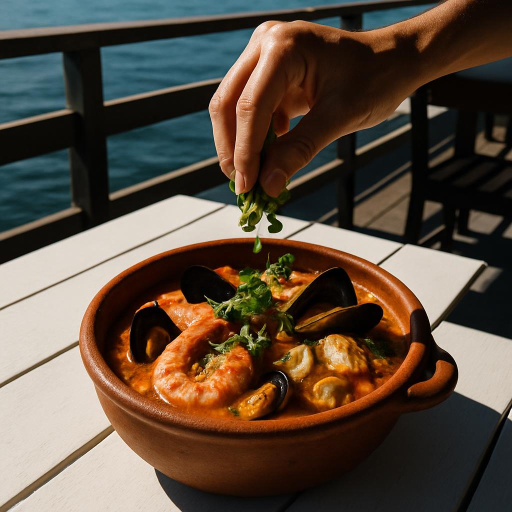 A hand sprinkling green herbs over a bowl of seafood stew in an outdoor setting.