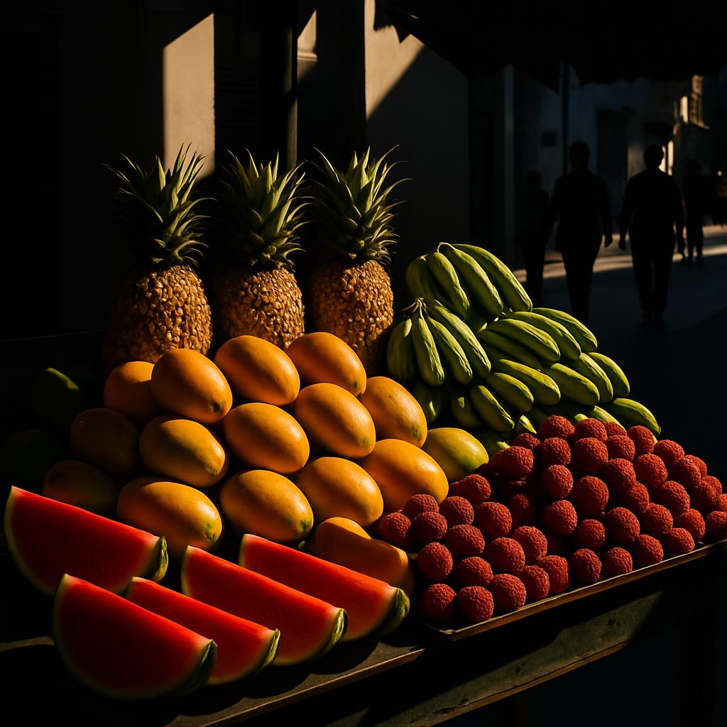 A photograph of tropical fruits on display, featuring various types of fruits including watermelon, honey mangoes, pinappl...